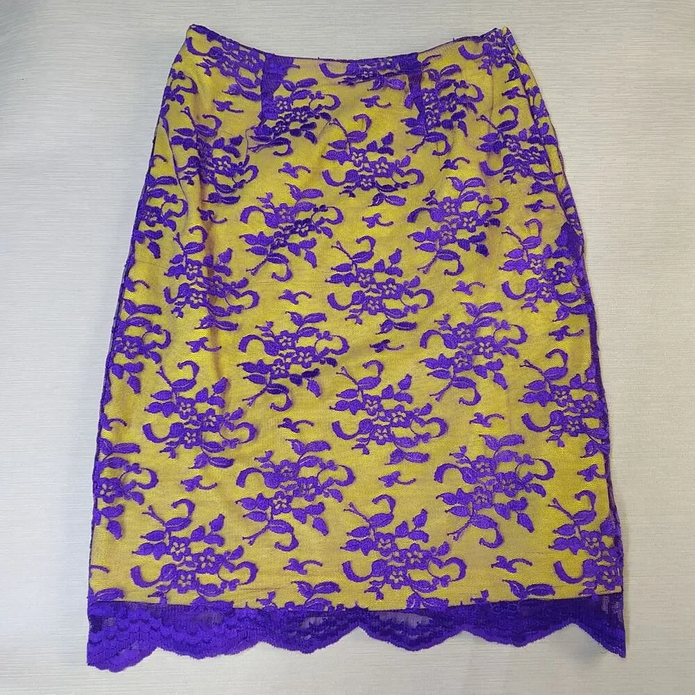 Vtg 90s Victoria Secret Moda Int Lace Midi Skirt Small Yellow Purple USA Sz2 USA